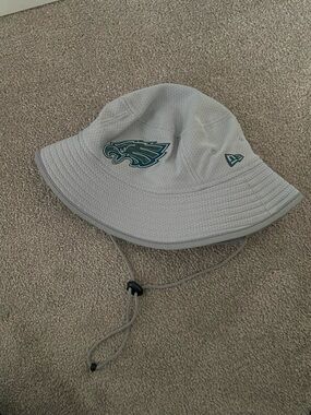 Eagles New Era Gray and Black Bucket Hat with Chin Strap